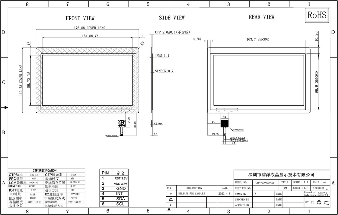 7 Inch Multi Touch Custom Capacitive Touch Panel Anti Blue Light Kaca Waterproof Polcd