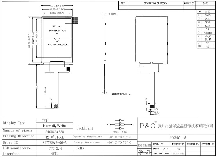 Polcd RoHS 2.4 Inch Lcd Tft Display ST7789V3 Modul LCD TFT 4 Kawat SPI