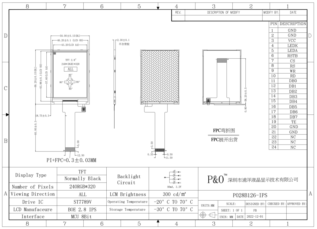 Polcd 2.8 Inch LCM Display IPS Screen 240x320 Resolusi MCU 8bit interface 24pin TFT LCD Module