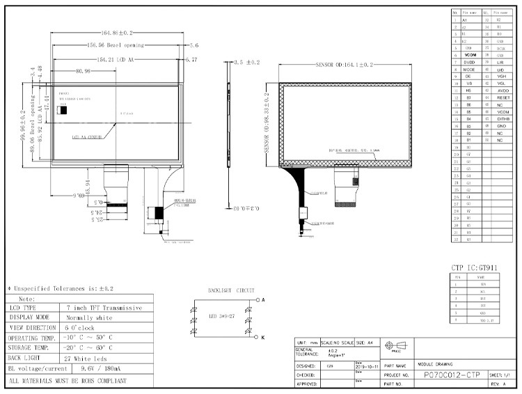 Polcd 7 '' Tft Lcd Panel 800x480 Capacitive Touch Screen RGB interface 7 inci LCD Module Display