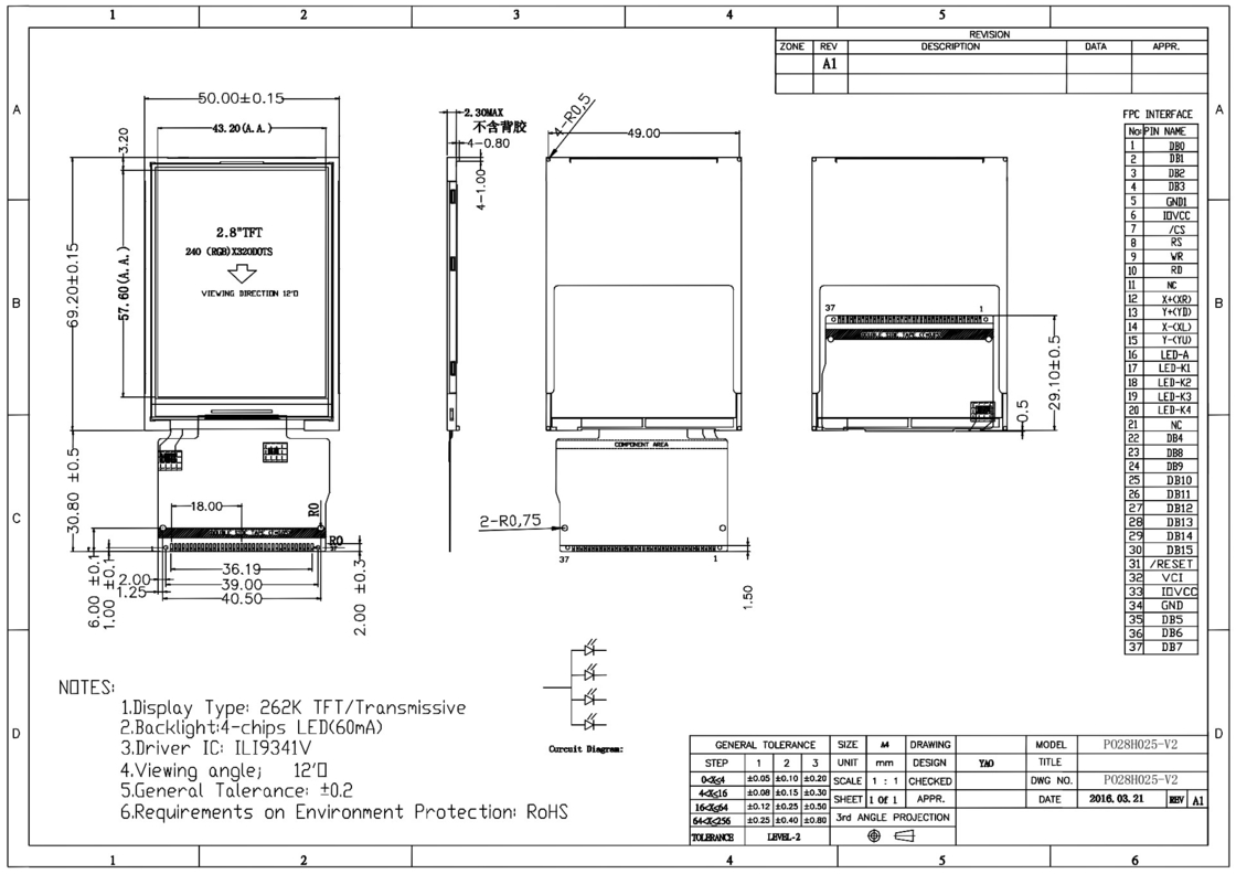Layar TFT HD Polcd RoHS 2,8 Inci 8080 MCU Layar Lcd 16 Bit Tft