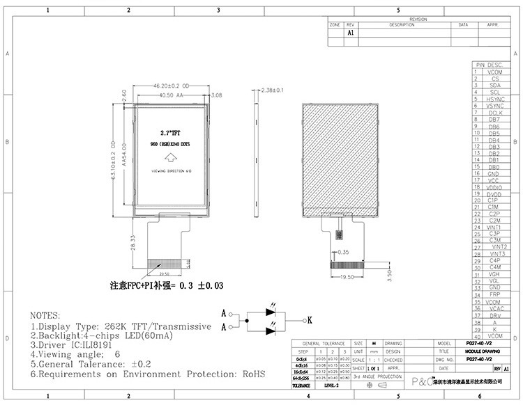Polcd ILI8961 2.7 Tft Lcd 960X240 Layar LCD TFT RGB 8 Bit 6 0'CLOCK