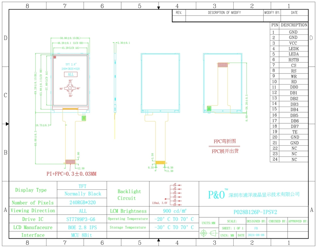 Polcd 2,8 Inch LCD Screen 240x320 MCU Interface Wide View Angle TFT Transflective LCD Module dengan ST7789P3-G6