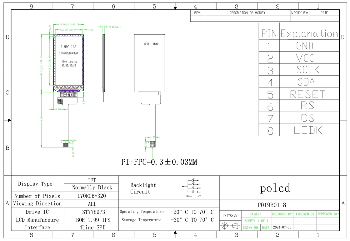 Polcd 1,9 inci 170*320 ST7789P3-G6 SPI Bar TFT LCD Module Screen 8 Pin IPS Vertikal LCM Display