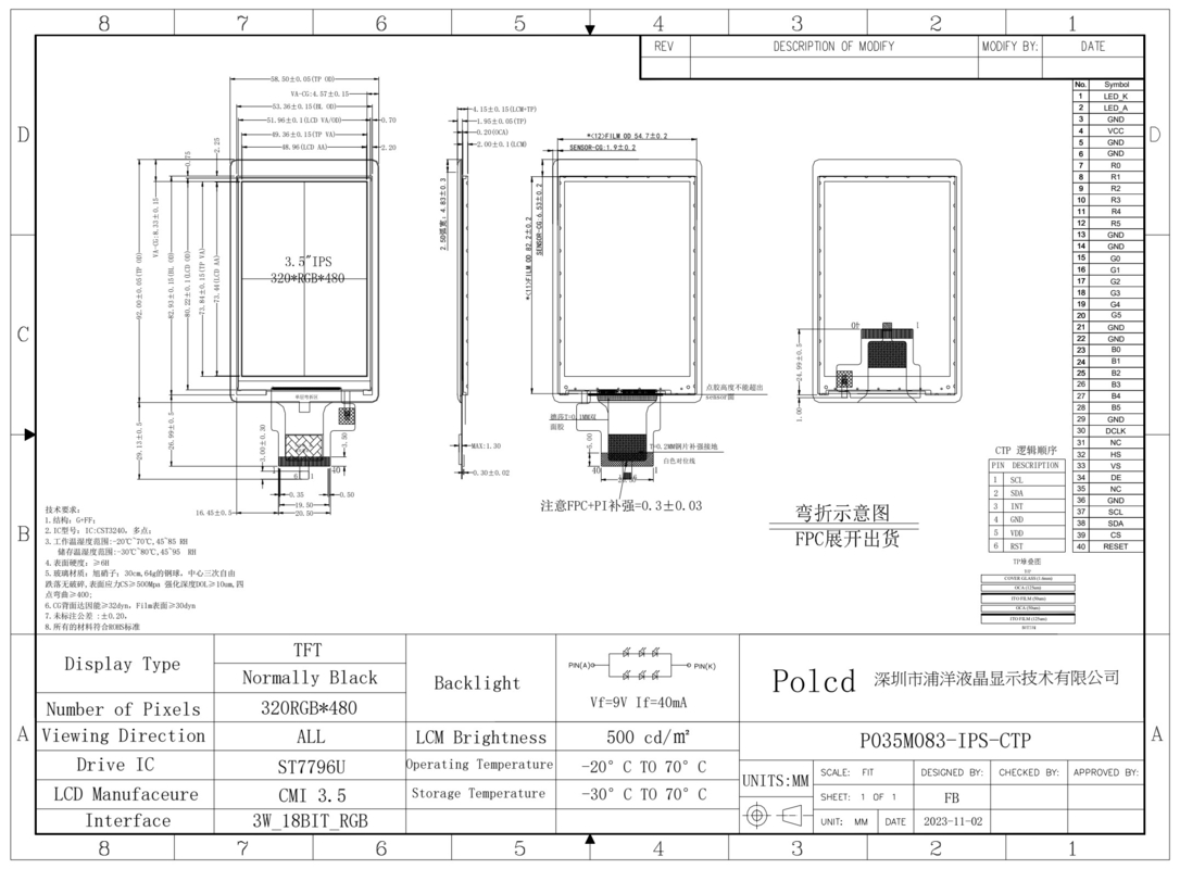 Polcd Display Lcd Custom 3.5 Inch 320x480 40pin IPS Angle 500nit ST7796U Capacitive Touch Screen