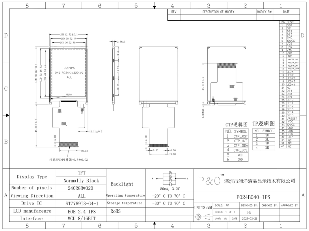 Polcd 2.4 Inch MCU Interface TFT Display Driver IC ST7789V2 240x320 Resolusi 2.4 inci TFT LCD Modul