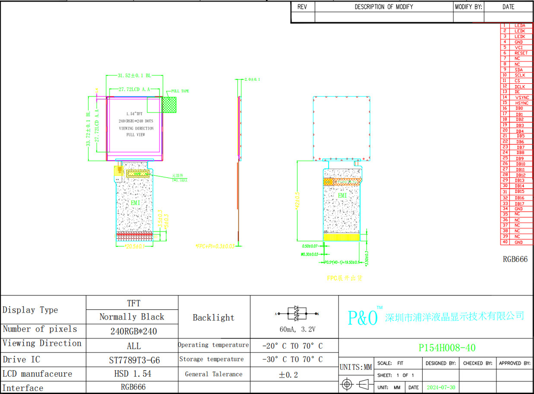 Polcd 1.54 Inch IPS TN Micro TFT LCD Module dengan LED Backlight 240x240 ST7789T3 Driver IC LCD Display Screen