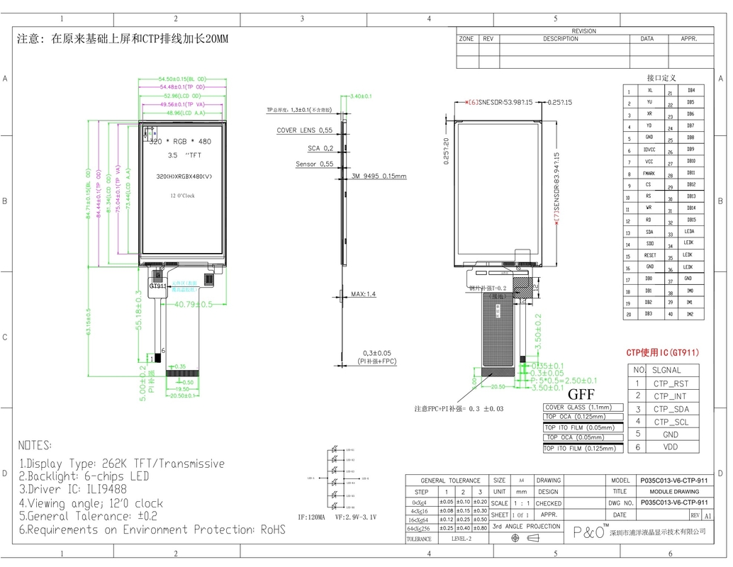 Polcd LCM pabrik 3,5 inci 320*480 Mcu Spi antarmuka 300 nit TFT LCD Module Capacitive Touch Panel Display