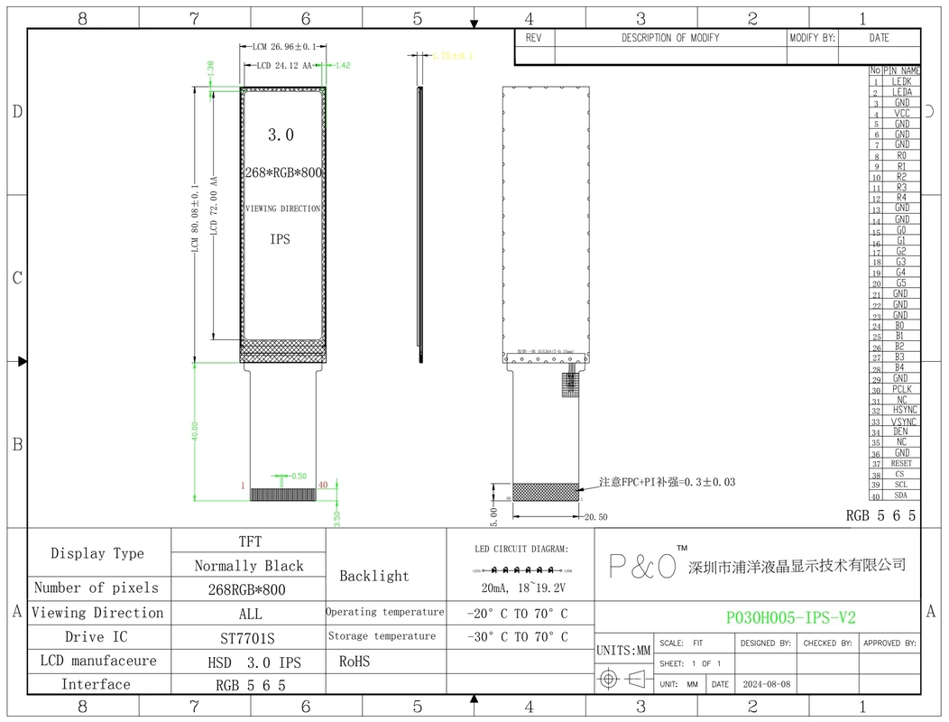 Polcd Layar TFT-LCD kecil 3,0 inci 268*800 RGB Interface Industrial IPS All View Angle Lcd Module