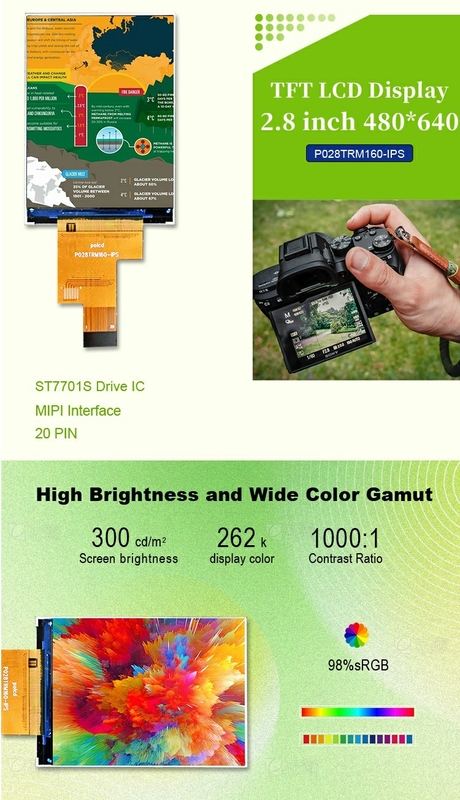 Polcd 2.8 Inch IPS LCD Display dengan MIPI Interface 480x640 Resolusi 300nits 2.8 