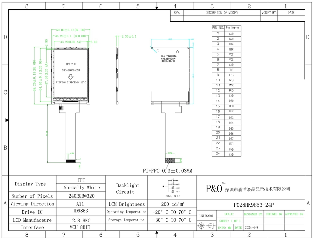 Polcd 2.8 Inch 240*320 Resolusi 50pin Tft Lcd Screen Display Module 2.8