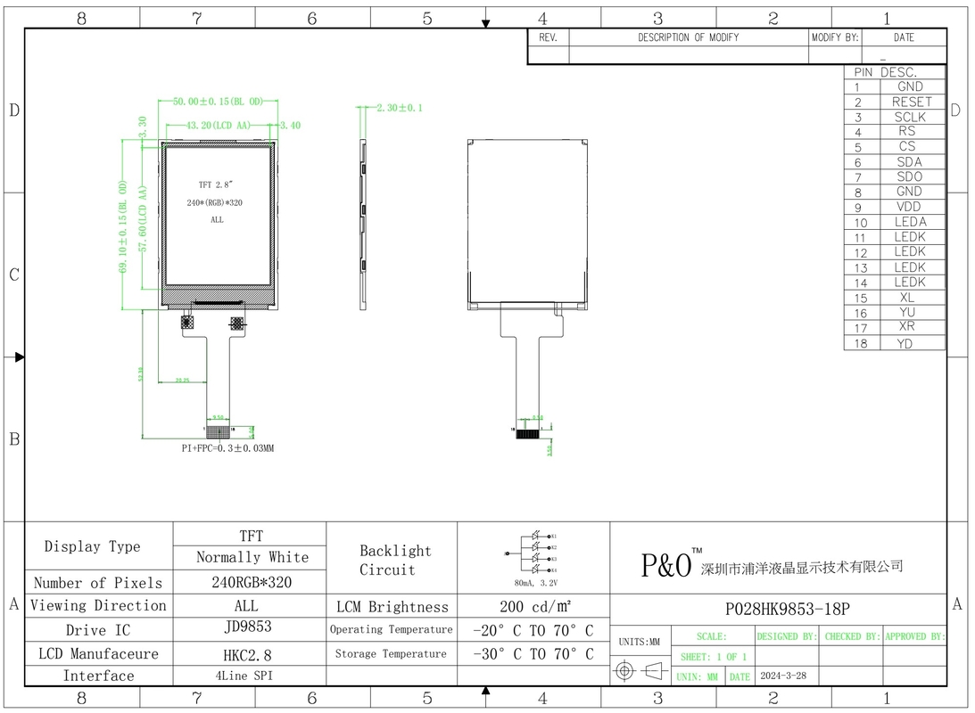 Polcd 2,8 inci 240x320 IPS TFT LCD Screen SPI JD9853 IC Semua sudut pandang bebas Panel Display Module