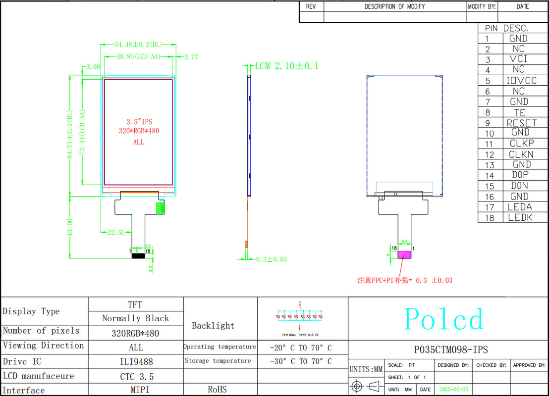 Polcd 3,5 Inch IPS TFT LCD 320*480 Ili9488 Drive Ic 600:1 Rasio Kontras LCD Display Modules