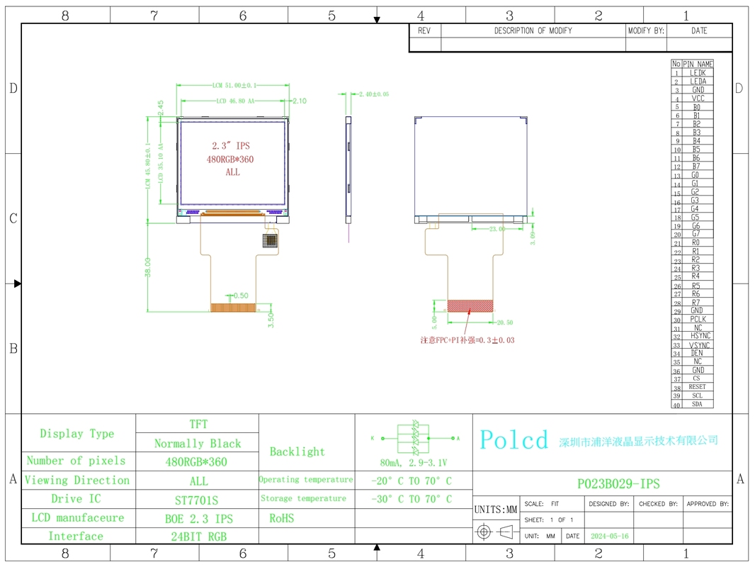 Modul Layar TFT Polcd RoHS Kecil 2.3 Inci 480x360 IPS Warna Penuh RGB SPI 2.31 Inci Tampilan LCD TFT