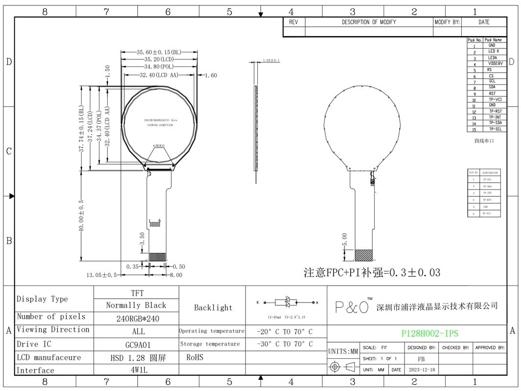 Polcd 1.28 Inch IPS LCD Sirkular 240xRGBx240 Resolusi Modul LCD TFT Disesuaikan untuk Jam Pintar