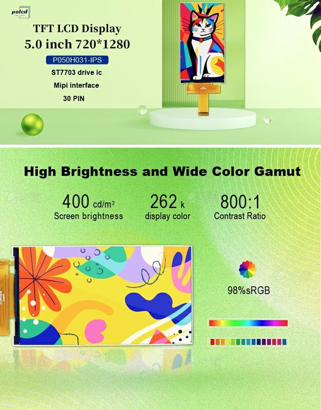 Polcd Custom LCD 5.0 inci TFT Panel IPS LCD Screen 400nit 720x1280 LCM Display Module