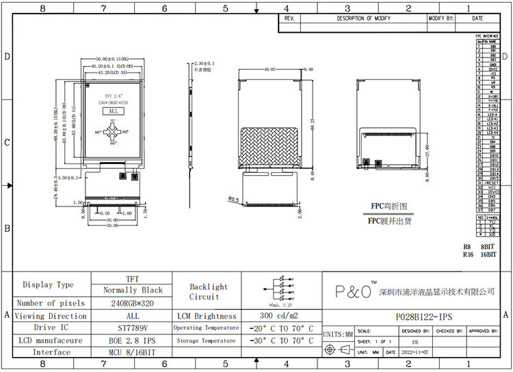 Polcd kecil 2,8 inci 240x320 QVGA Kecerahan tinggi 300nits SPI antarmuka IPS TFT display