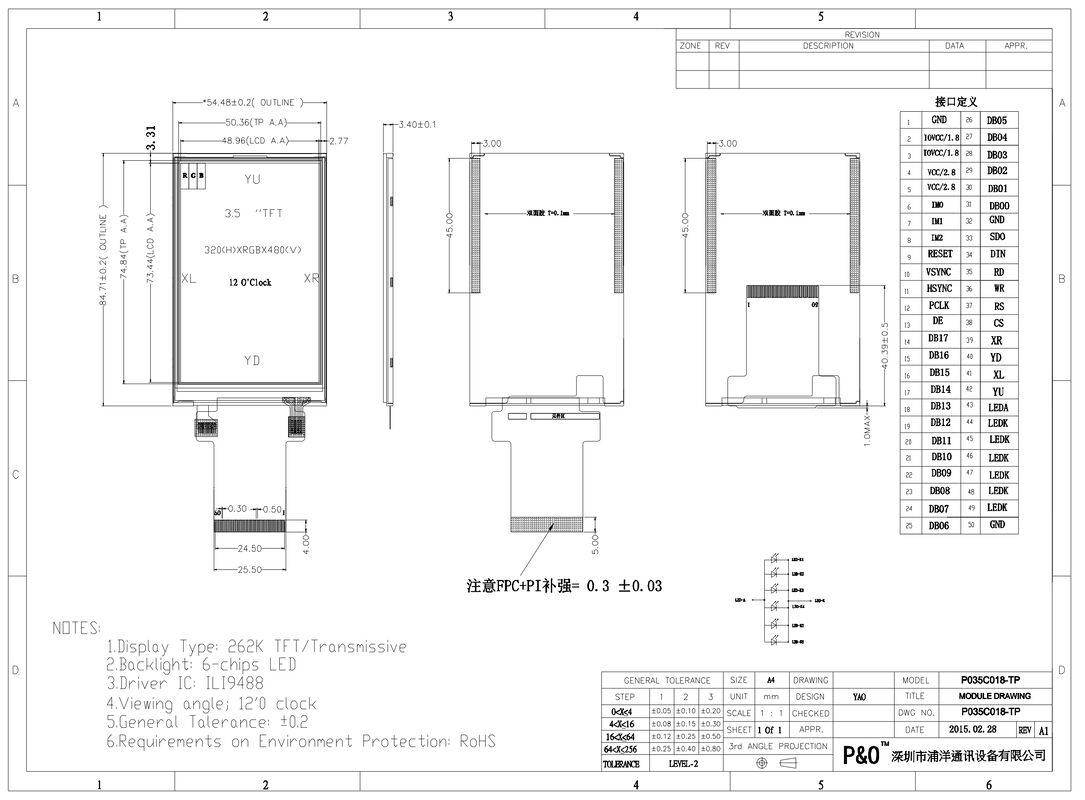 Polcd ILI9488 Tampilan Tft Lcd 12 0'CLOCK 3.5 Tft Lcd Raspberry Pi 48.96mm