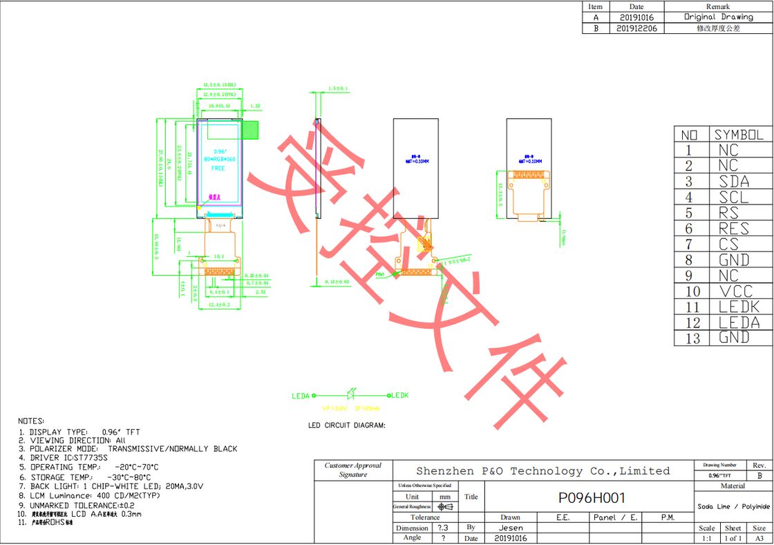 Modul Tampilan TFT LCD Polcd 0,96 Inci Pemasok Sudut Pandang IPS Antarmuka SPI 80*160 dengan FPC Kustom