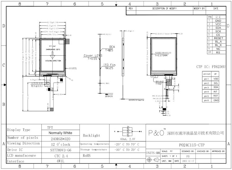 Modul Layar LCD TFT Sentuh ST7789V3 Polcd Qvga Resolusi 240x320 2,4 inci