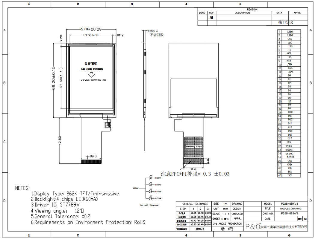 Polcd Factory 2,8 inci 240*320 Rgb Mcu Spi Multi-Interface ST7789V ic TFT LCD Panel Screen