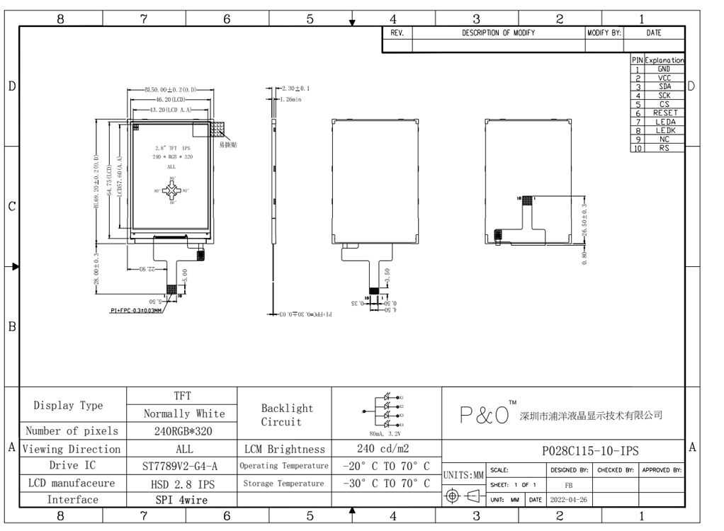 Polcd Layar IPS 2.8 Inci Modul LCM 240X320 Antarmuka SPI ST7789V Layar LCD TFT Kecerahan Tinggi