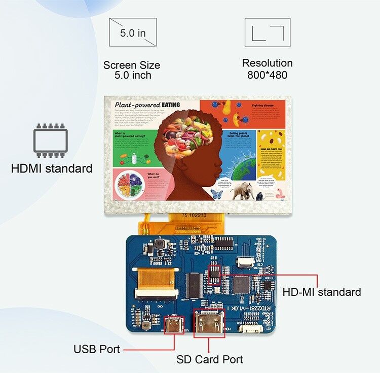 Polcd RTD2281 LCD Driver Board 5 4.3 Inch HDM-I 800x480 Touch Screen TFT Display Module untuk Raspberry Pi
