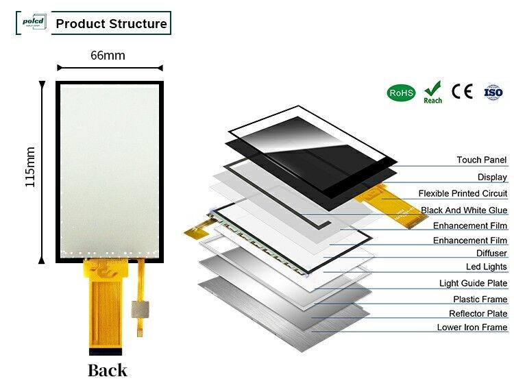 Polcd 4.5 Inch TFT LCD Panel dengan 480 * 854 Resolusi Capacitive Touch Screen 40pin LCD Color Display