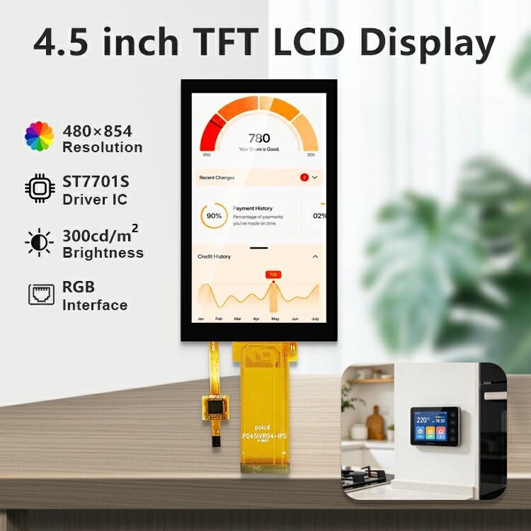 Polcd 4.5 Inch TFT LCD Panel dengan 480 * 854 Resolusi Capacitive Touch Screen 40pin LCD Color Display