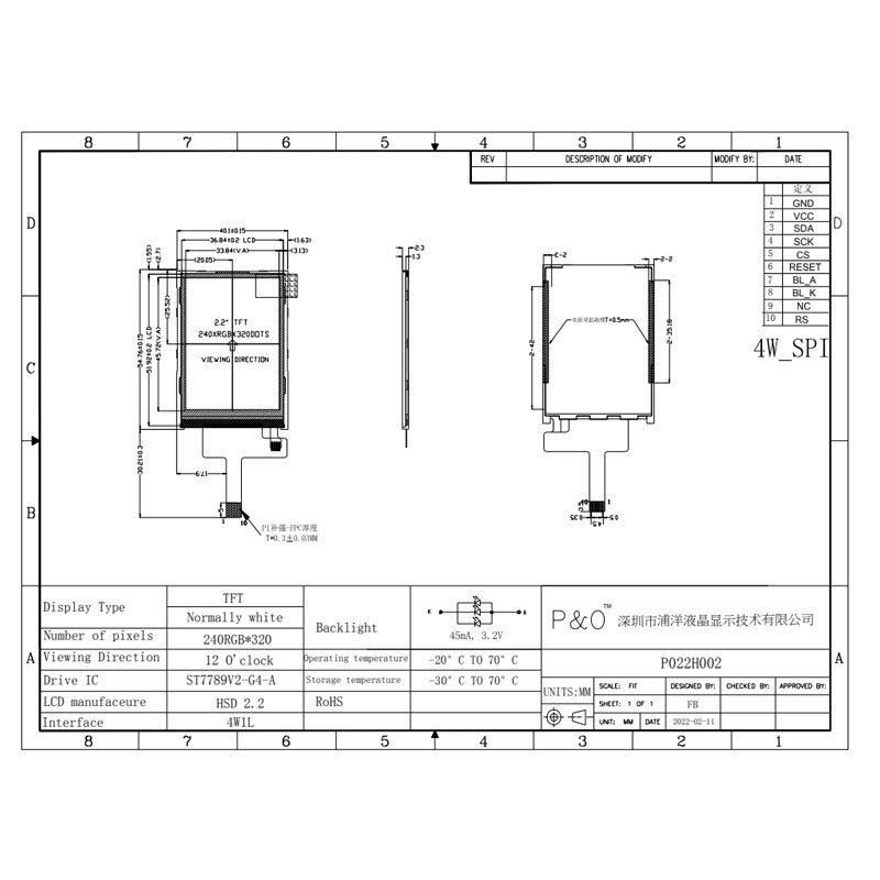 Polcd 240X320 2.2 Inch Layar Lcd ST7789V Monitor Tft Kecil 300 Kecerahan